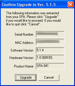 Screenshot der Anzeige von Seriennummer, MAC-Adresse, Soft- und Hardwareversion und Bestätigung des Upgrades